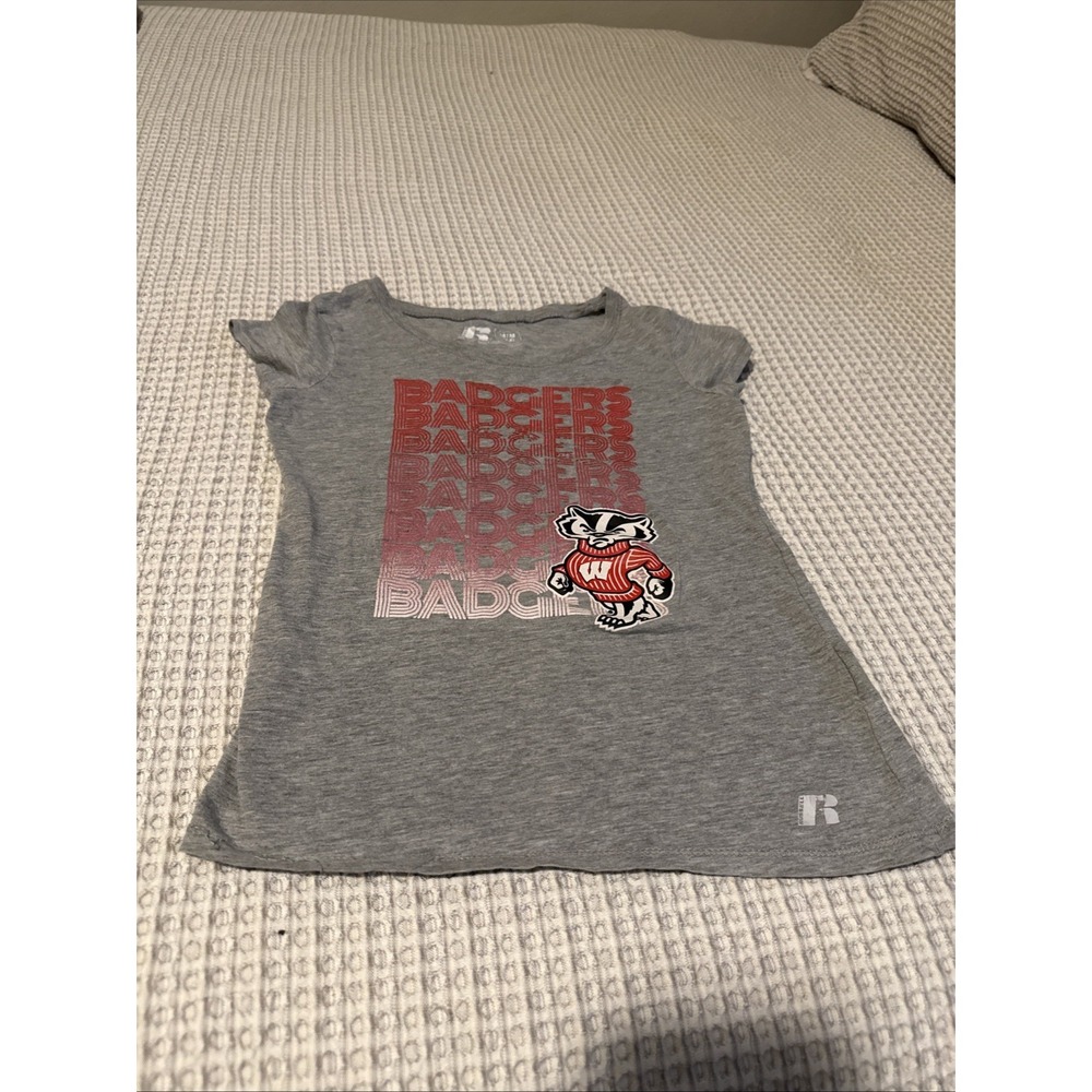 Wisconsin Badgers Russell Athletic T-Shirt Girls Medium 7-8 Gray Graphic Tee